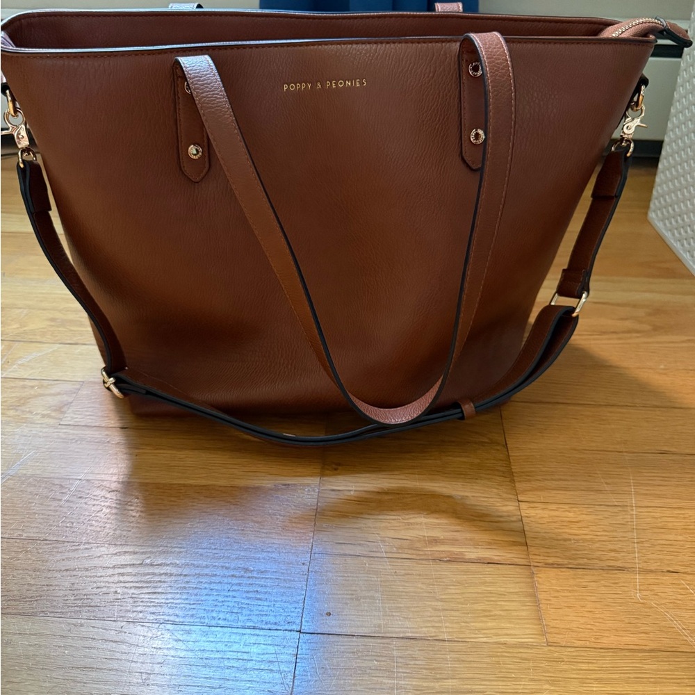 Poppy & Peonies Brown Leather Tote with Structured Design